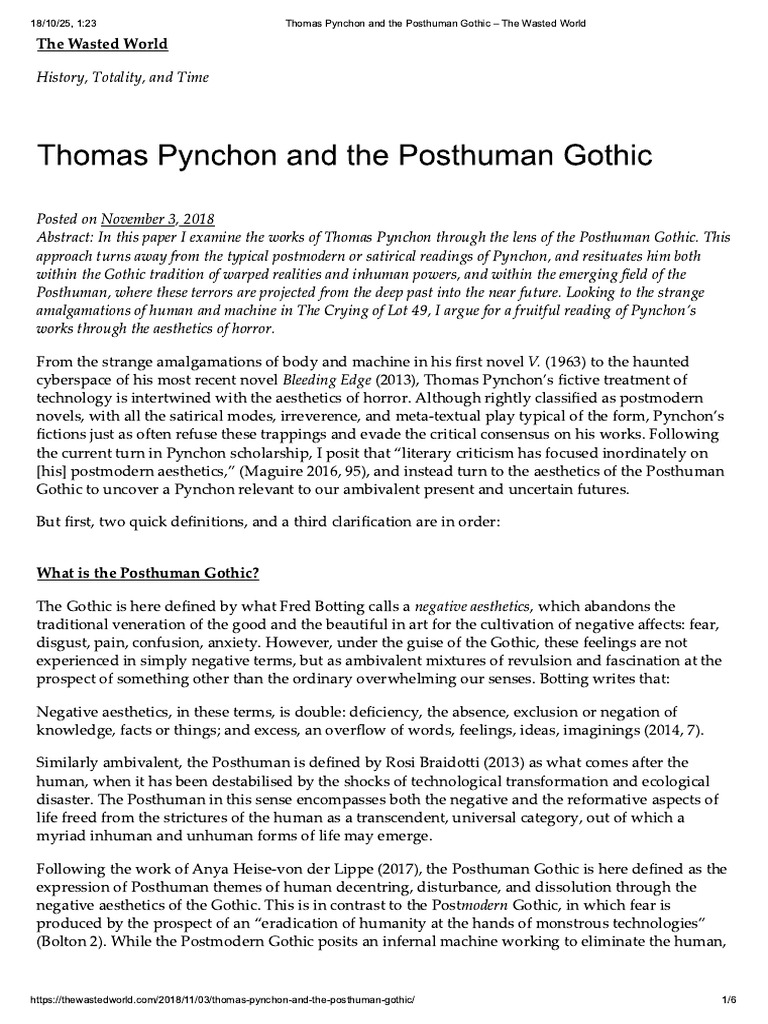 Thomas Pynchon and The Posthuman Gothic - The Wasted World | PDF