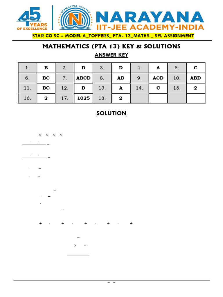 Mathematics PTA 13 Answer Key & Solutions | PDF | Numbers | Algebra