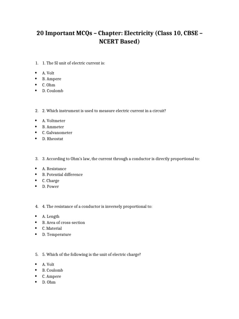 Class 10 Electricity MCQs for CBSE | PDF | Voltage | Electric Current