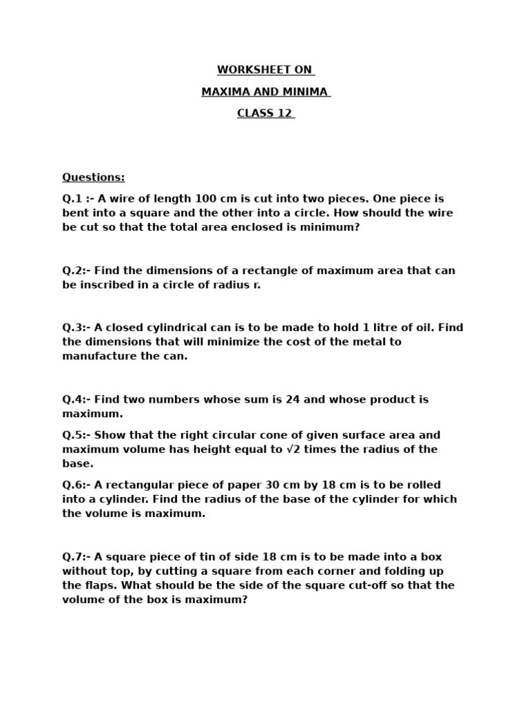 Worksheet On Maxima and Minima | PDF | Area | Length