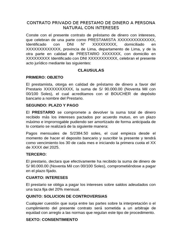 Contrato Privado de Prestamo de Dinero A Persona Natural Con Intereses ...