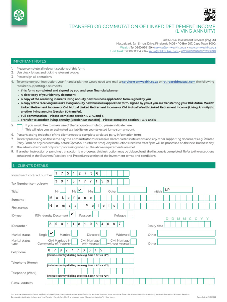 Living Annuity Transfer Form Guide | PDF | Retirement | Taxes