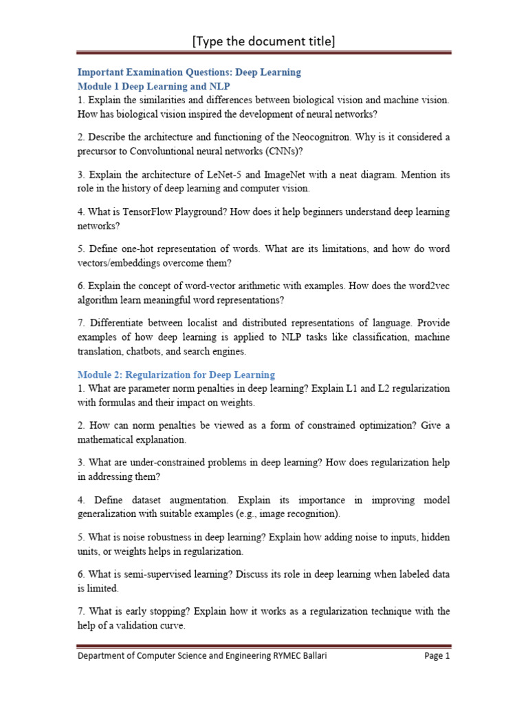 Deep Learning Exam Questions Guide | PDF | Deep Learning | Computer Vision