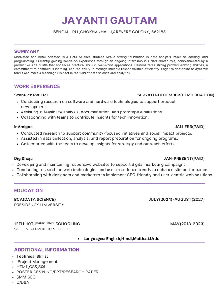 BCA Data Science Student Profile | PDF