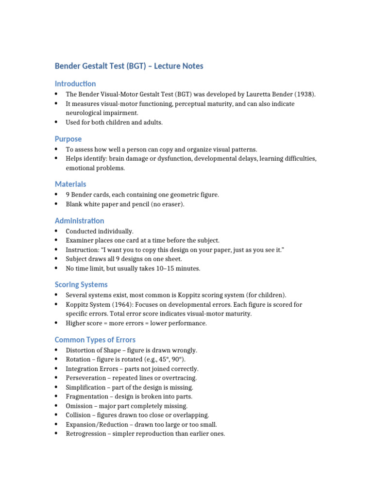 Bender Gestalt Test Overview and Scoring | PDF | Behavioural Sciences ...