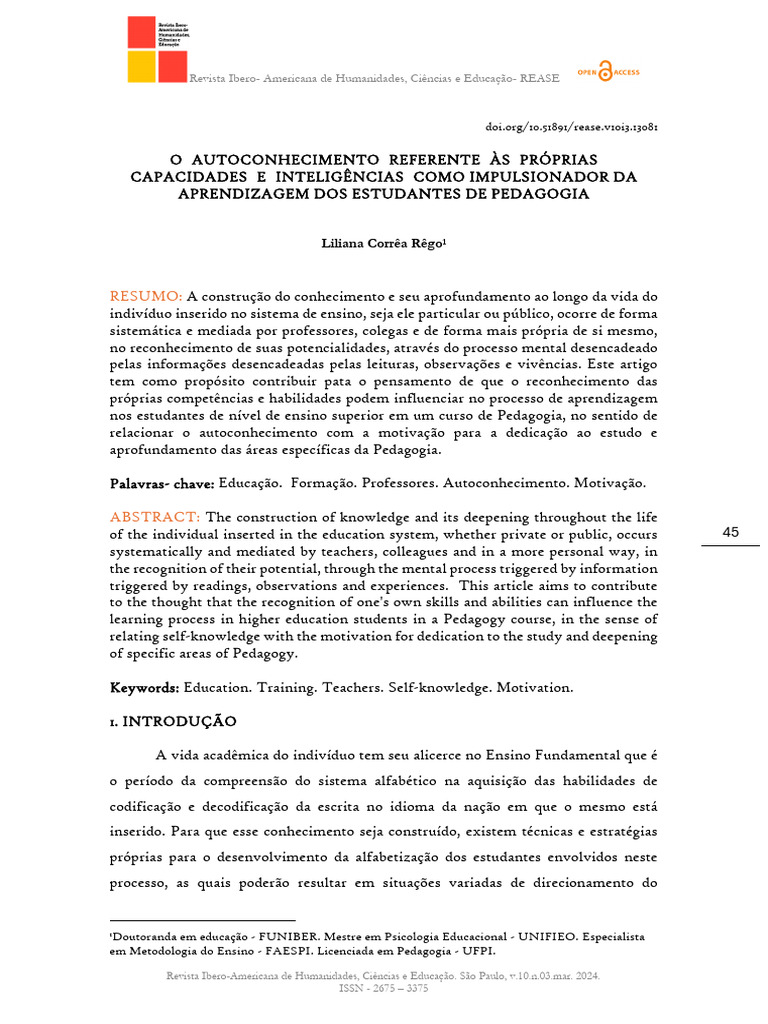 Autoconhecimento e Aprendizagem em Pedagogia | PDF | Aprendizado ...