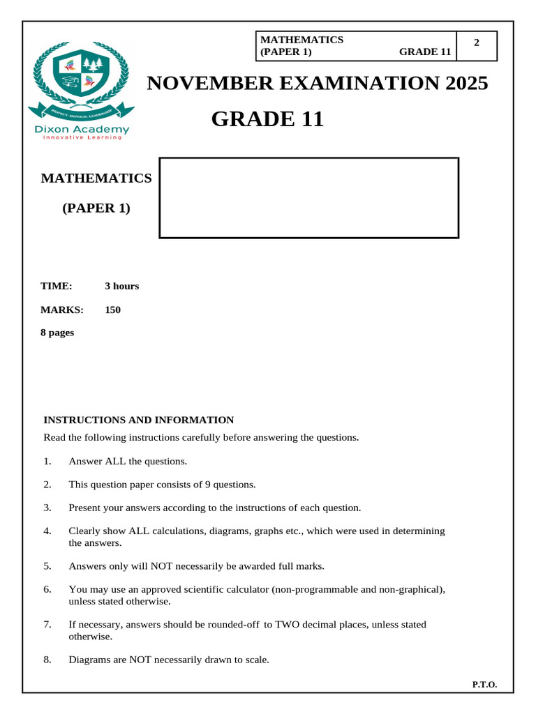 Grade 11 Mathematics Exam Paper 2025 | PDF | Asymptote | Equations