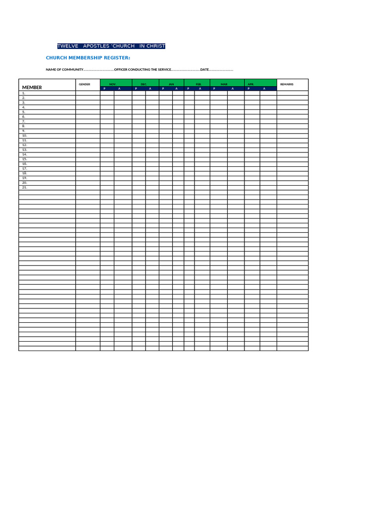 Twelve Apostles Church Membership Log | PDF