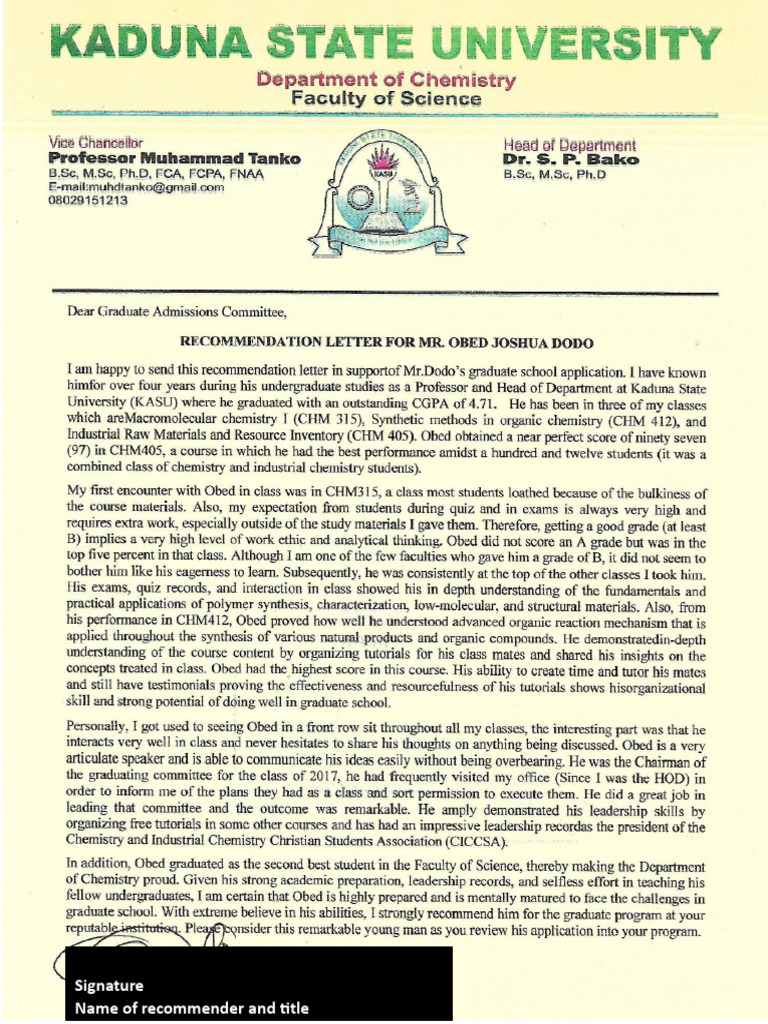 Letter 5 - LOR For Obed Dodo Applying To Miami | PDF