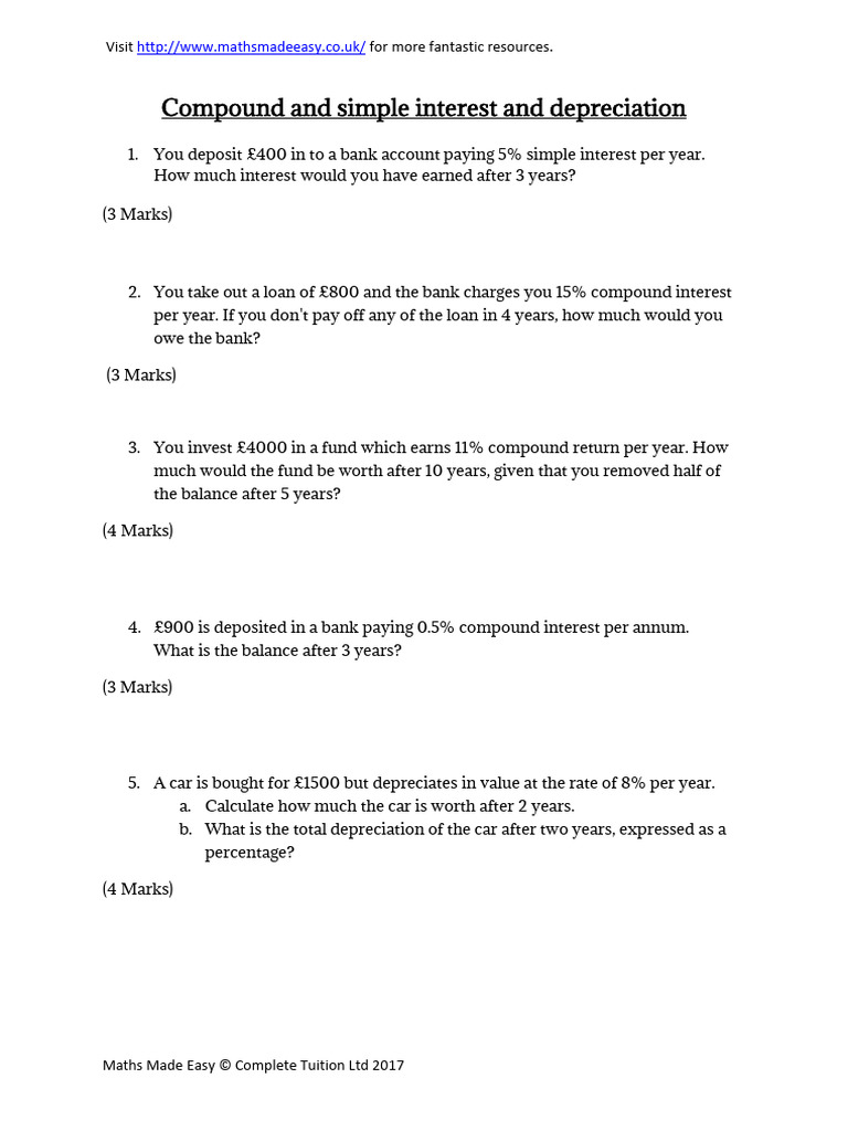 GCSE Maths Revision Compound and Simple Interest and Depreciation ...