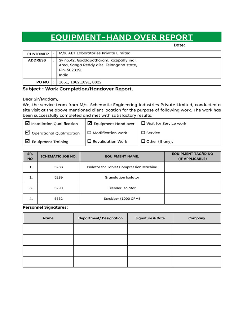 Equipment Handover and Training Report | PDF | Industrial Processes ...