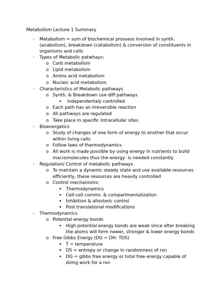 Metabolism Lecture 1 Summary | PDF