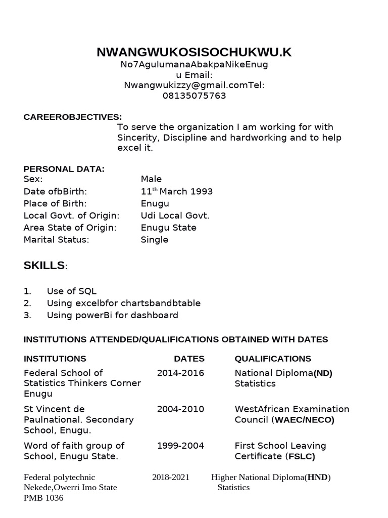 Nwangwukosisochukwu.K: Skills | PDF