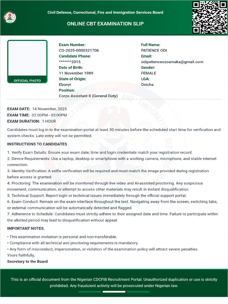 Patience Uzoamaka Odi Application Slip | PDF