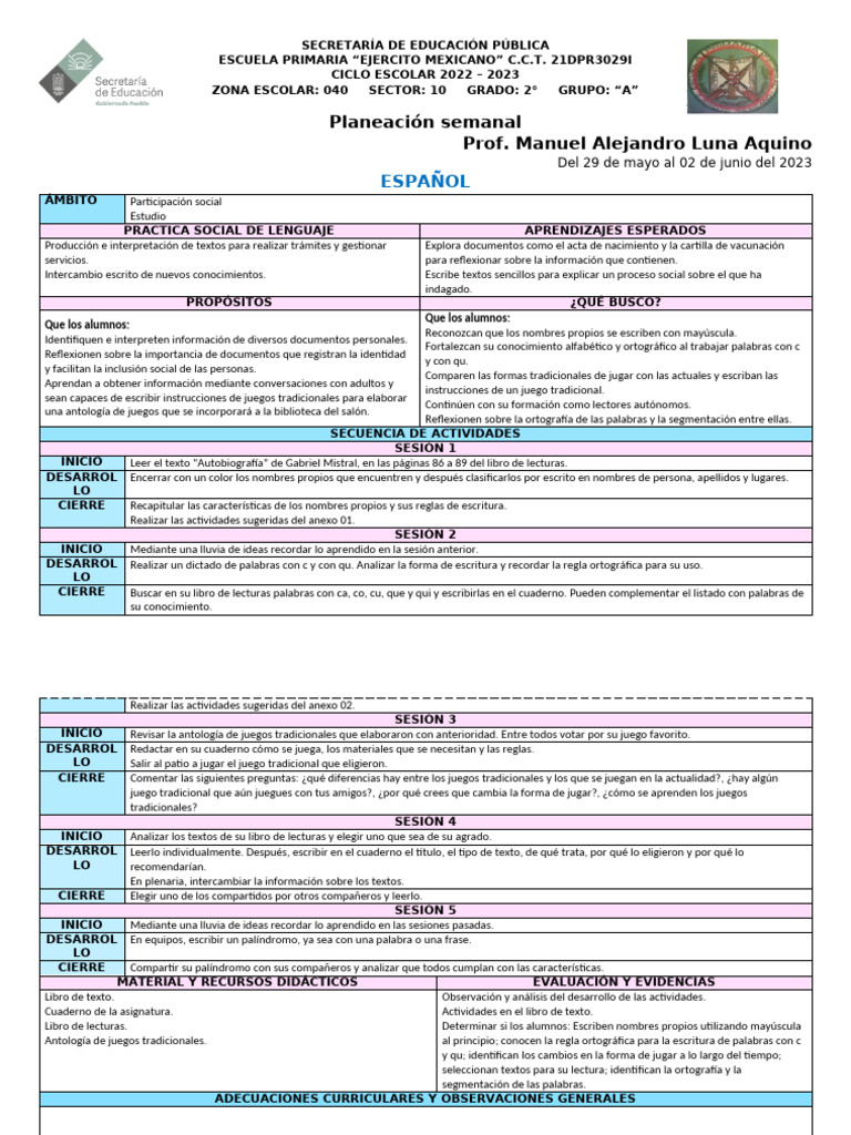 Planeación Semanal 2° Grado Primaria | PDF | Sustracción | Plan de estudios