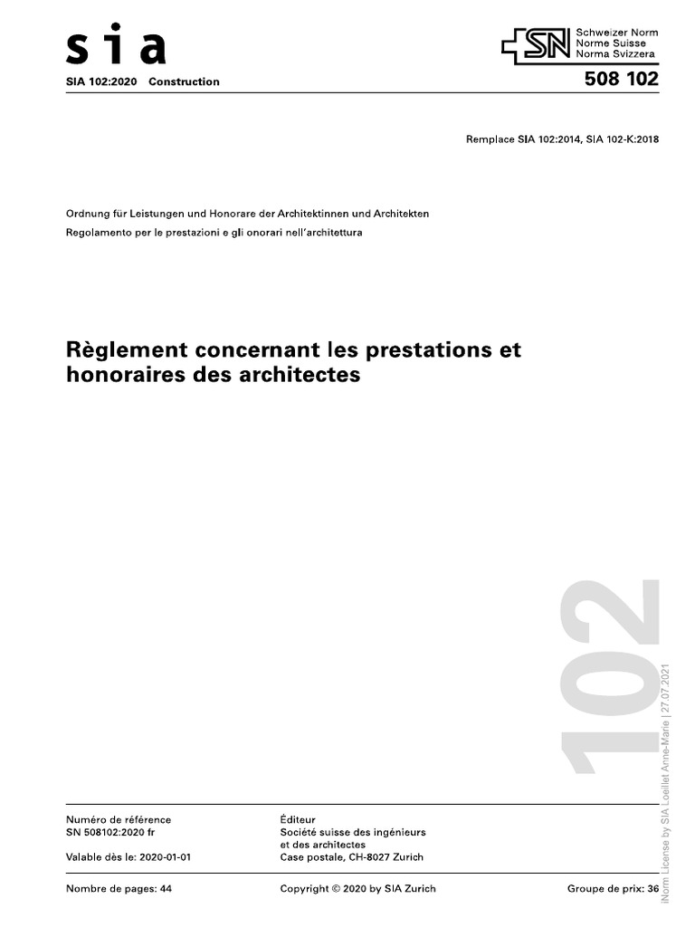 SIA 102 - Presta Et Hon Architecte | PDF