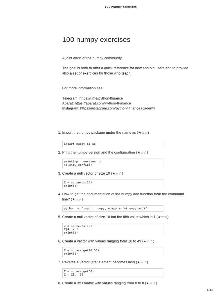100 Numpy Exercises for Practice | PDF | Mathematics | Mathematical Objects