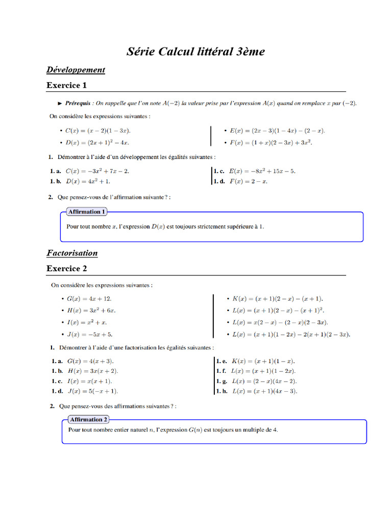 Exercices de Calcul Littéral 3ème | PDF