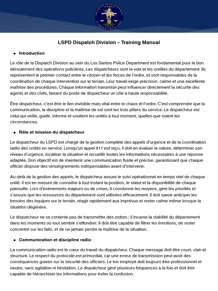Manuel de formation des dispatcheurs LSPD | PDF