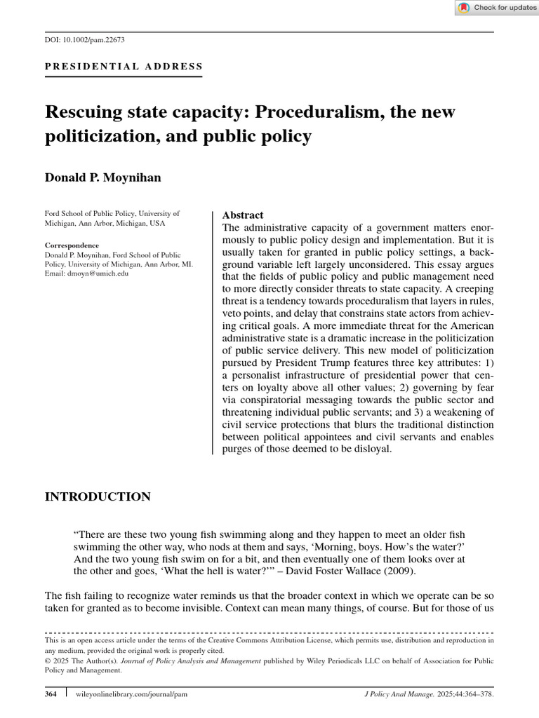 J Policy Anal Manage - 2025 - Moynihan - Rescuing State Capacity ...