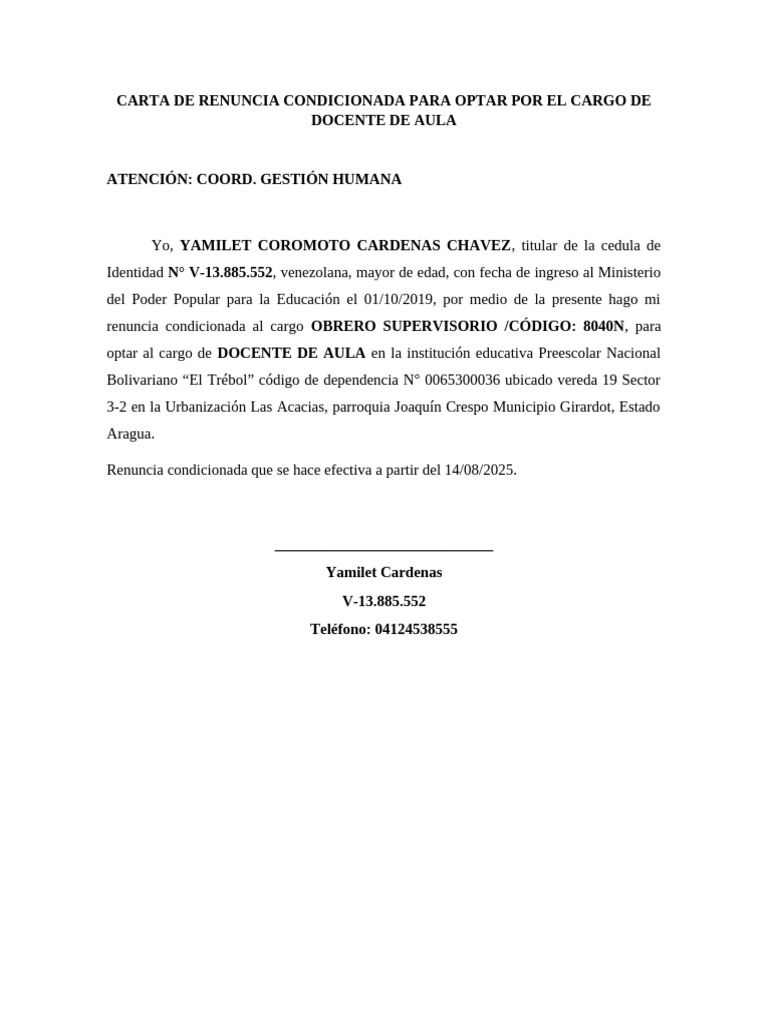 Carta de Renuncia Condicionada Para Optar Por El Cargo de Docente de ...