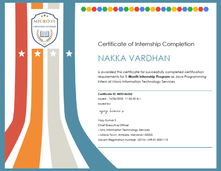 Java Internship Completion Certificate | PDF