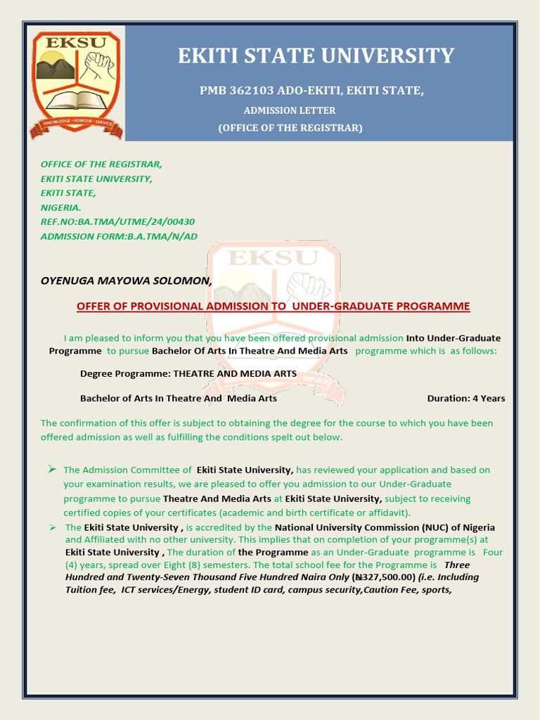 Ekiti State University Admission Letter | PDF | Educational Stages