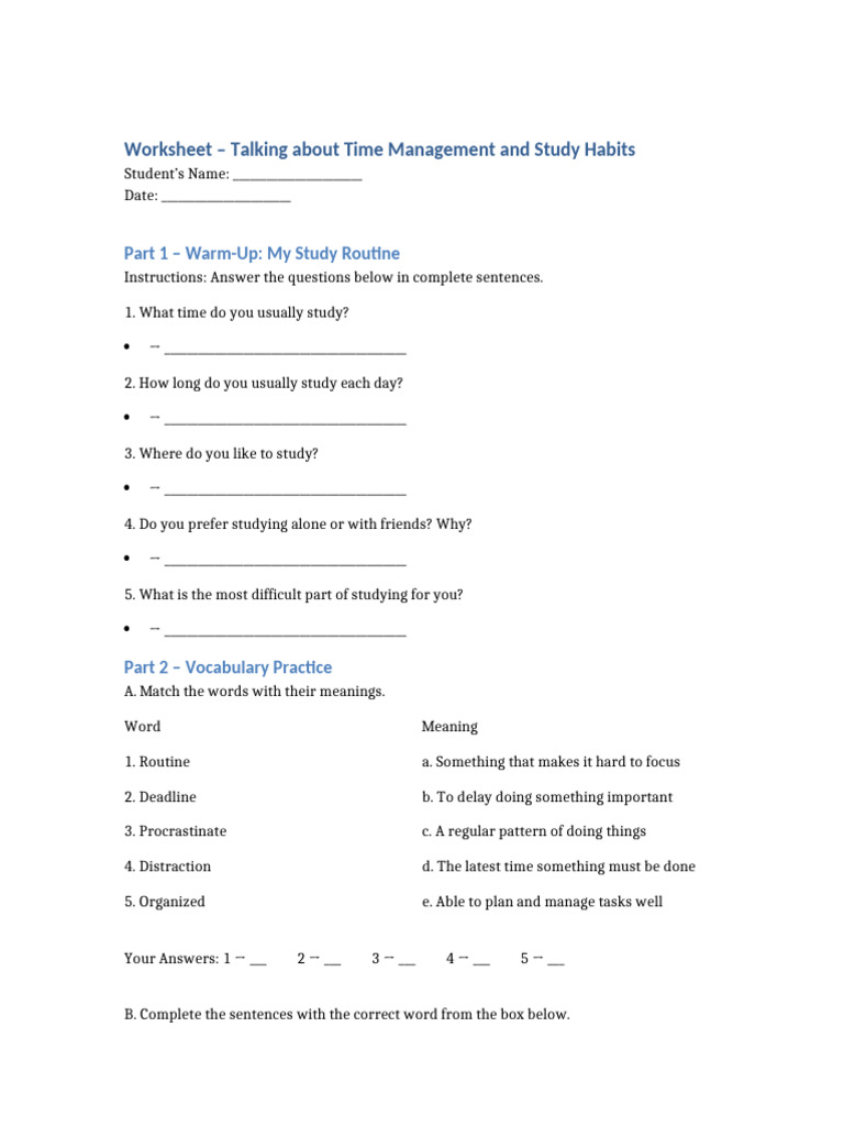 Time Management and Study Habits Worksheet | PDF | Procrastination ...