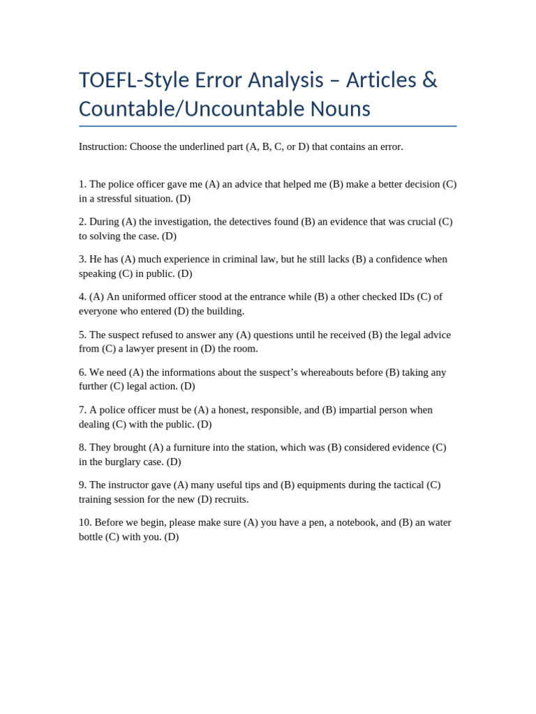 TOEFL Error Analysis Articles Nouns | PDF