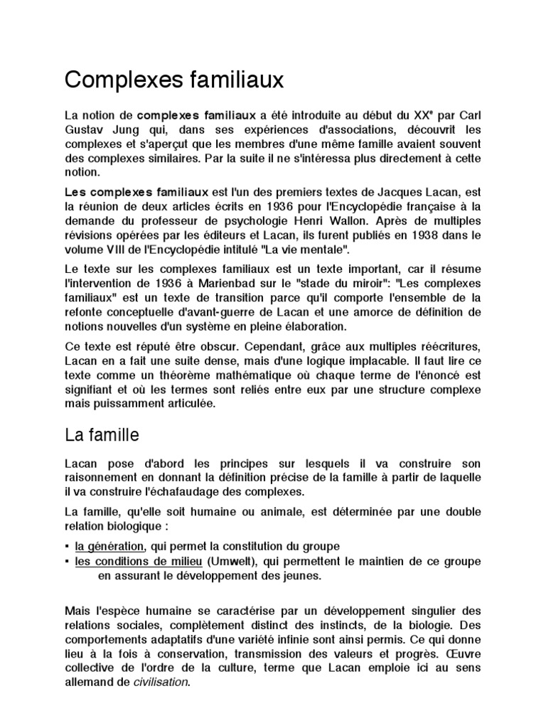 Complexes familiaux selon Lacan | PDF | Jacques Lacan | Complexe d'Œdipe