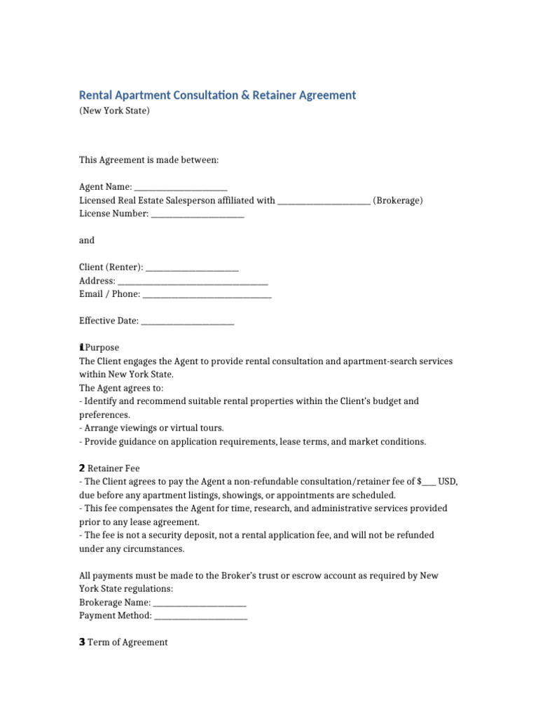 Rental Apartment Consultation Retainer Agreement NY | PDF | Lease | Renting