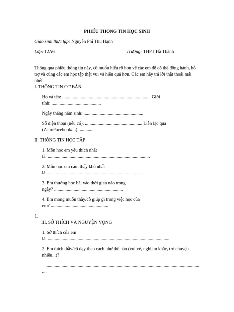 Phieu Thong Tin Hoc Sinh | PDF