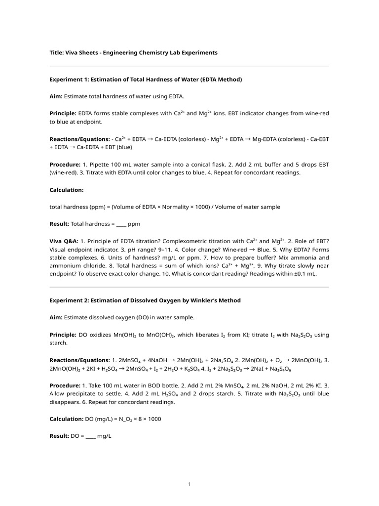 Engineering Chemistry Lab Experiments | PDF | Titration | Chemistry