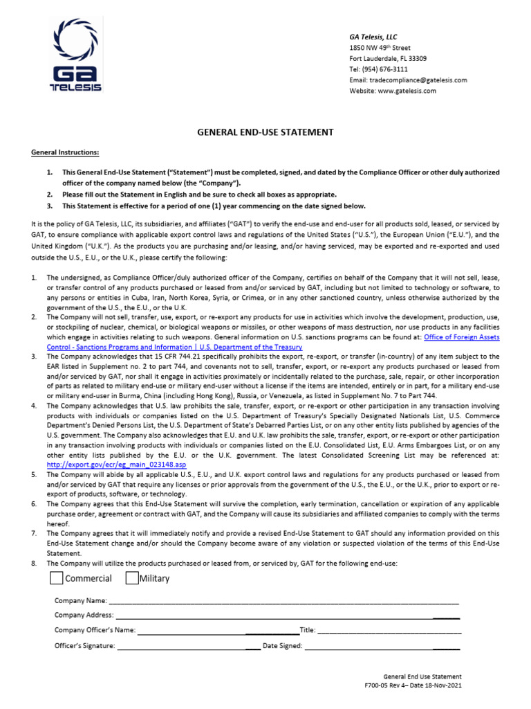 GA Telesis General End-Use Statement | PDF | Foreign Policy | Global ...