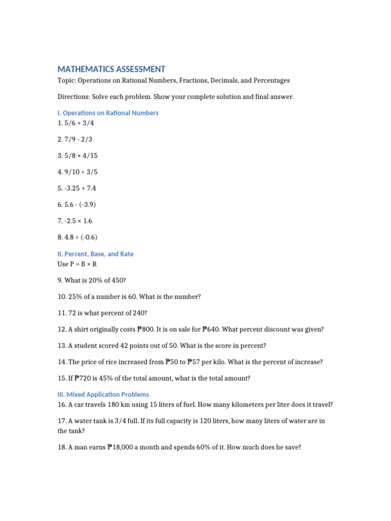 Rational Numbers and Percentages Assessment | PDF