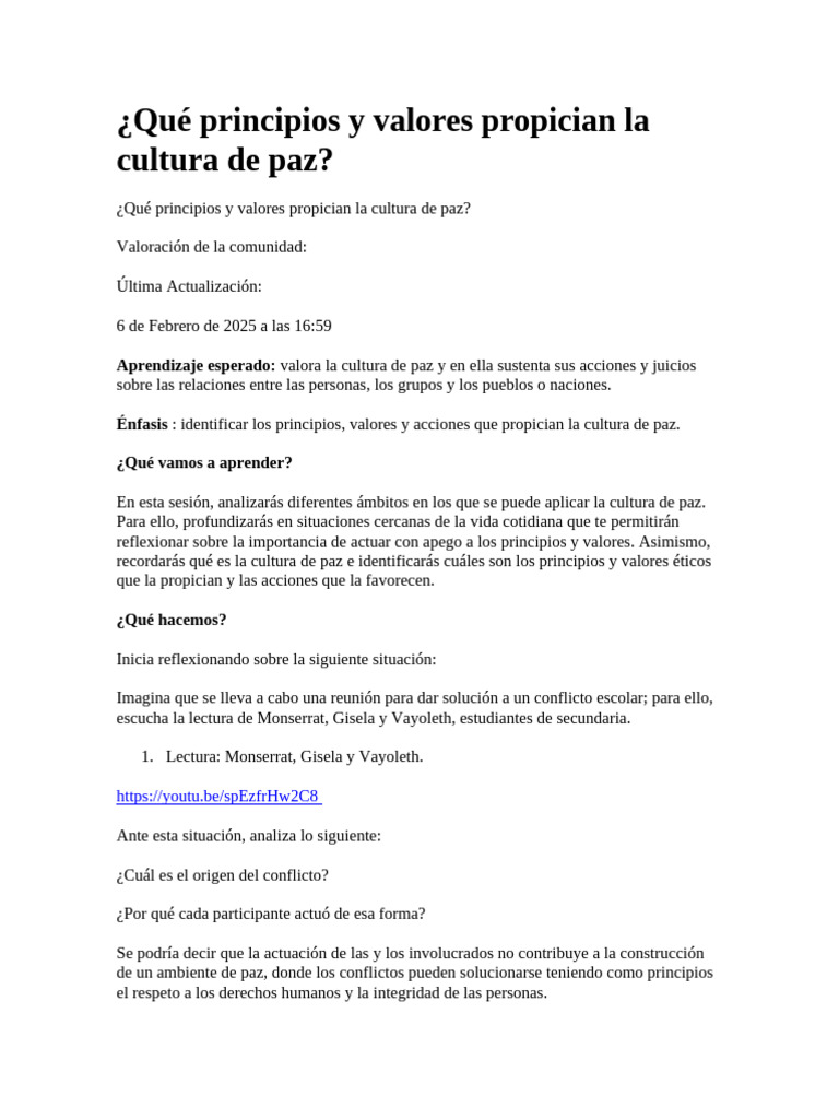 Principios para una Cultura de Paz | PDF | Paz | Violencia