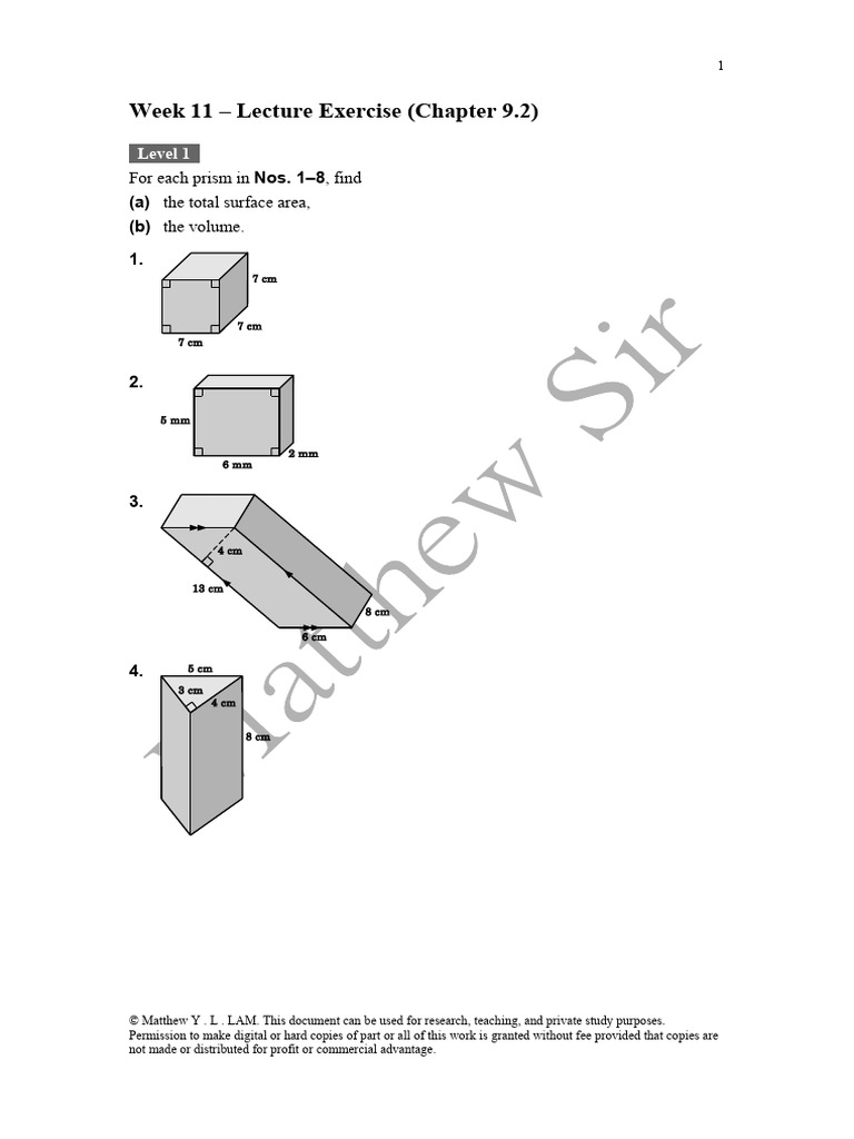 Prisms: Surface Area and Volume Exercises | PDF | Rectangle | Area