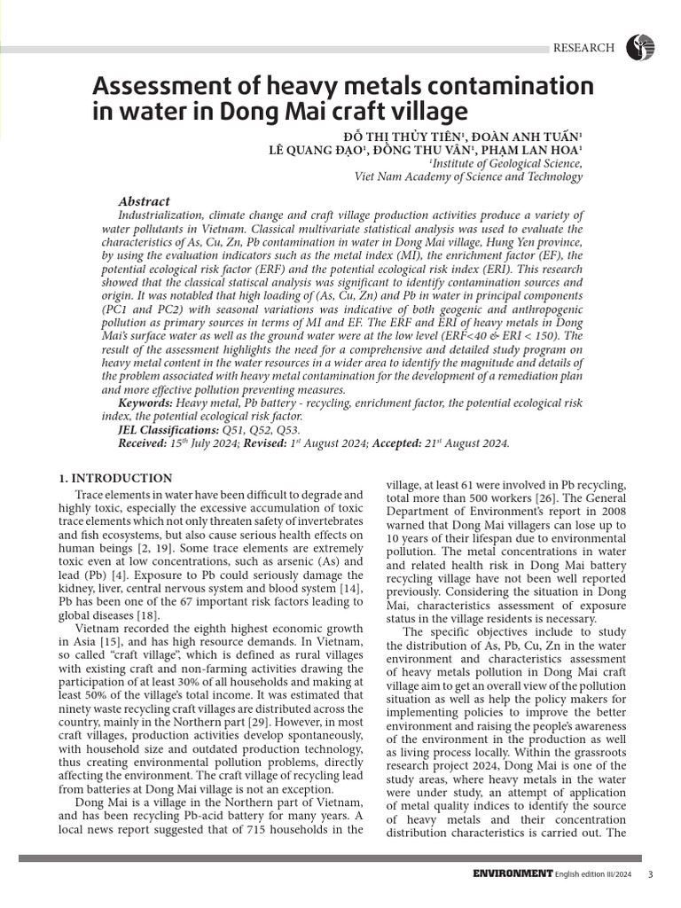 Assessment of Heavy Metals Contamination in Water in Dong Mai Craft ...