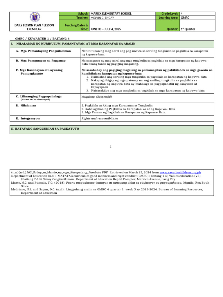 q1 Le GMRC 4 Lesson 3 Week 3 | PDF