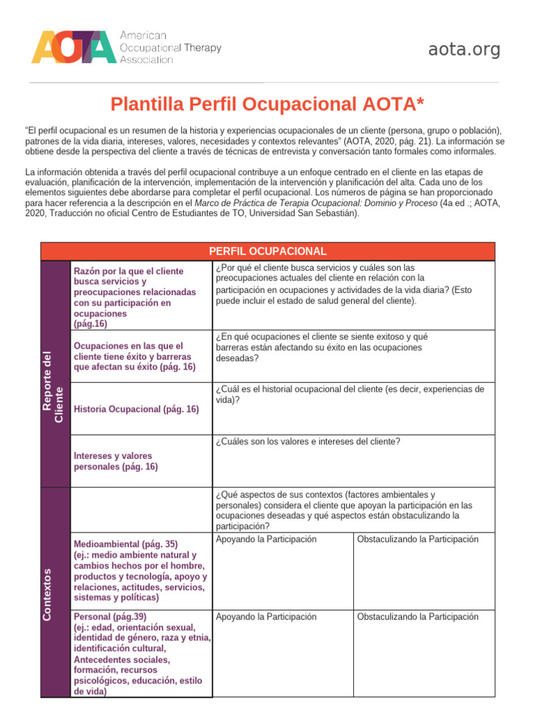 Perfil Ocupacional AOTA 2020, Traducido | PDF | Sicología | Ciencias ...