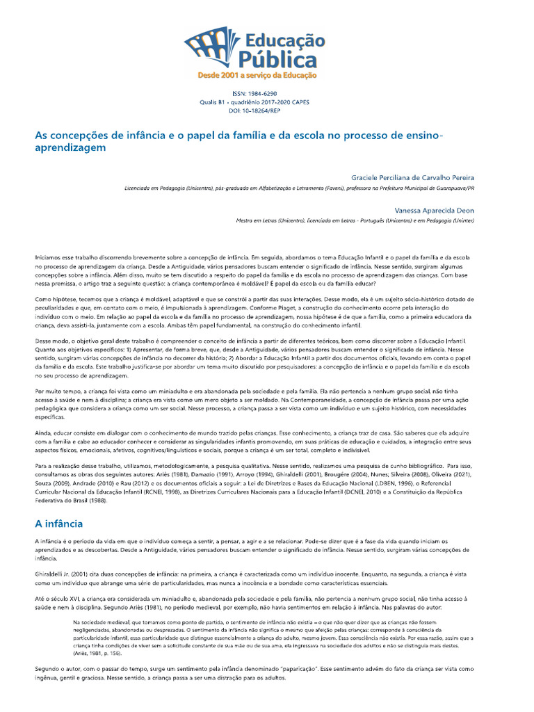 As Concepções de Infância e o Papel Da Família e Da Escola No Processo ...