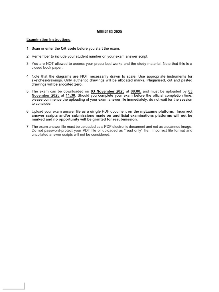 MSE2183 2025 Exam Instructions | PDF