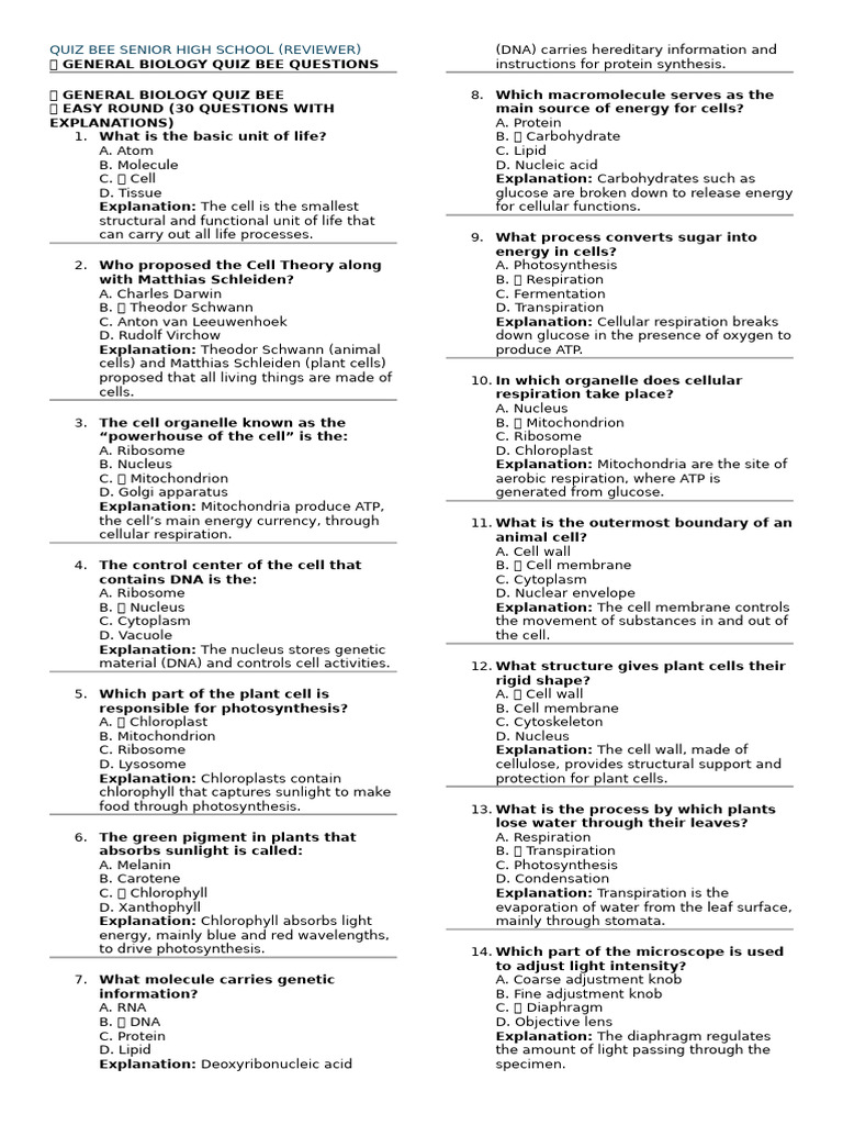 Senior High School Biology Quiz Bee | PDF | Cell (Biology) | Meiosis