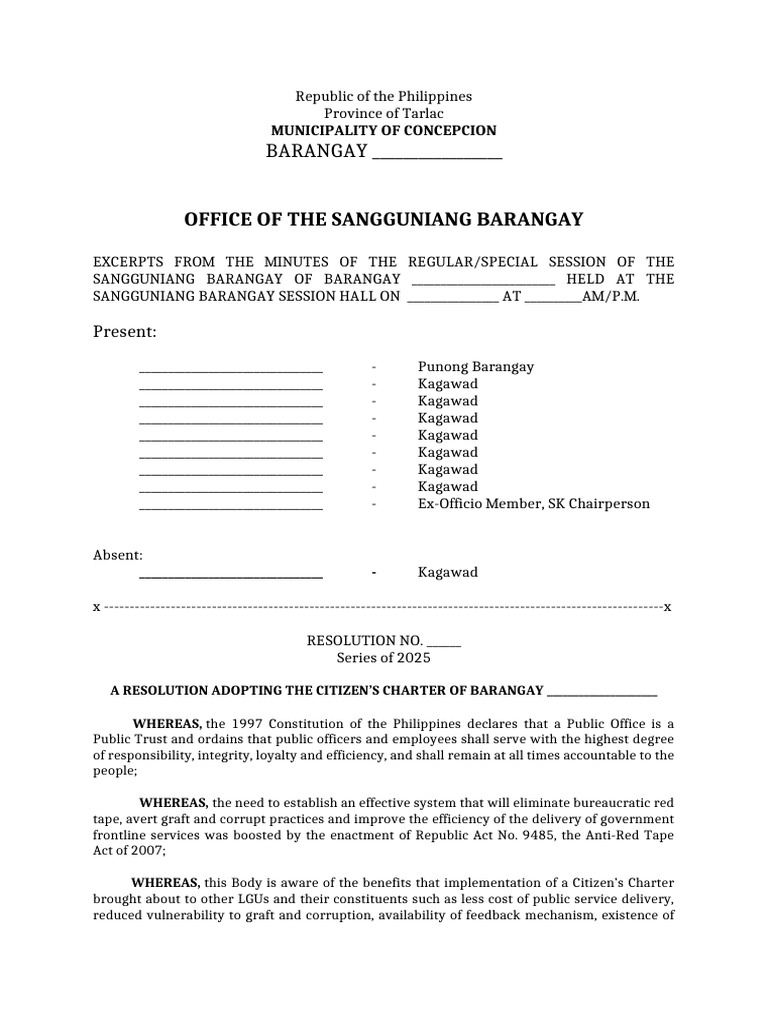 Barangay Citizens Charter Resolution 2025 | PDF | Government