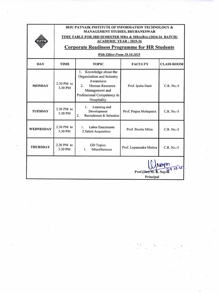 MBA 3rd Semester Timetable 2025-26 | PDF