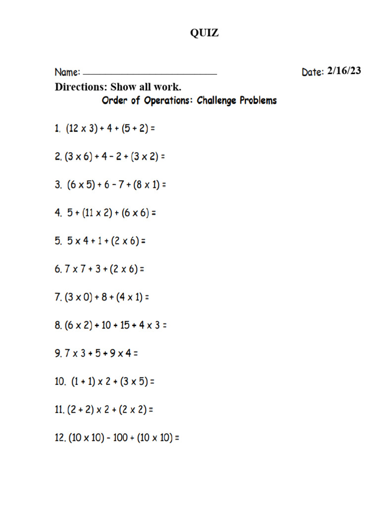 Feb 16 Math Quiz Order of Operations | PDF
