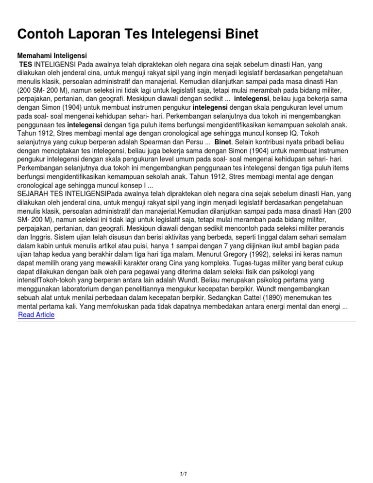 Contoh Laporan Tes Intelegensi