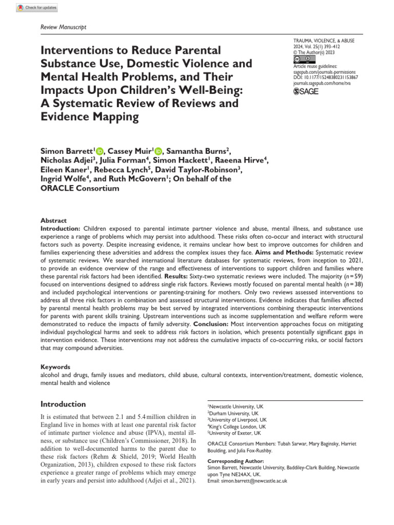 Barrett Et Al 2023 Interventions To Reduce Parental Substance Use ...