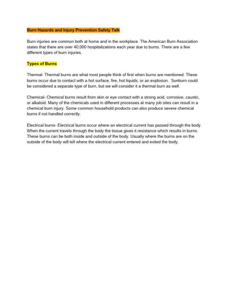 Tool Box Talks Burn Injury | PDF | Burn | Skin