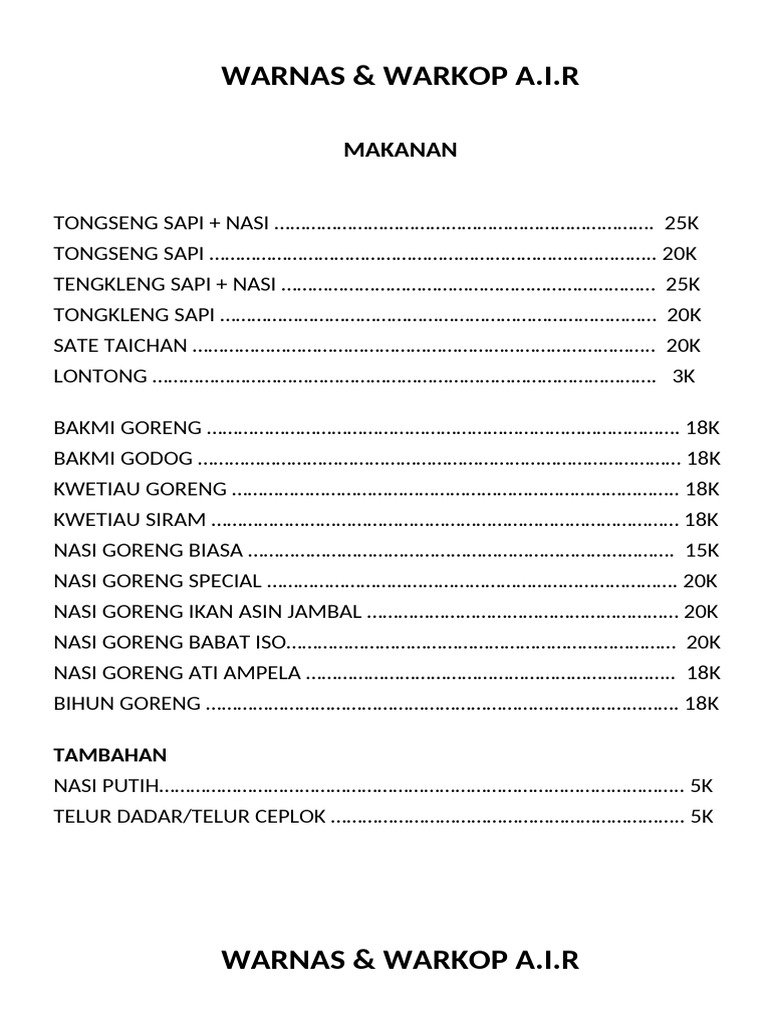 Menu Warkop Seraya dan Harga Makanan | PDF